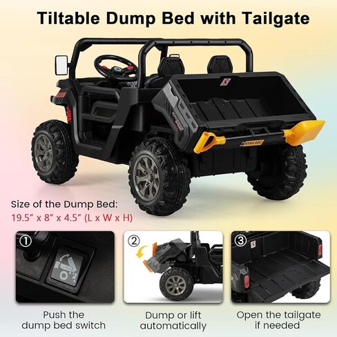 HONEY JOY 2 Seater Ride on Car, 12V Off-Road Electric Dump Truck w/Remote Control, Moving Dump Bed, Shovel, Music, Spring Suspension, Battery Powered Ride On UTV for Kids, Gift for Girls Boys (Black) in Saudi Arabia