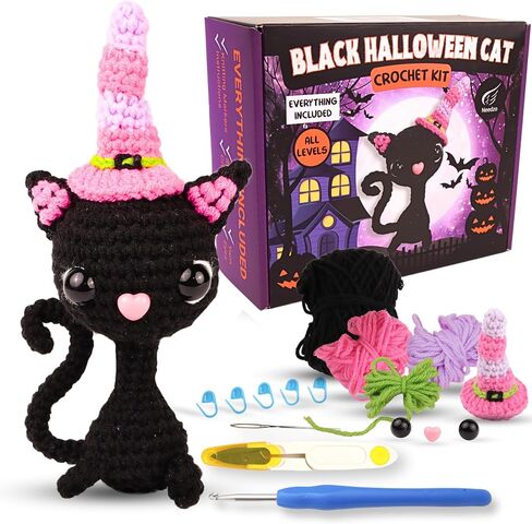 Needzo Halloween Crochet Kit, Black Witch Cat, Everything Included, Step-by-Step Video Tutorials, DIY Knitting Supplies in Saudi Arabia