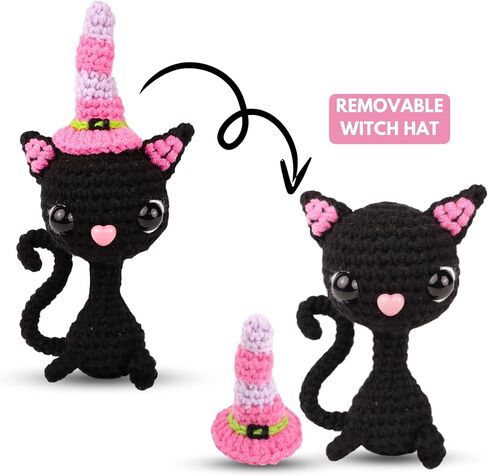 Needzo Halloween Crochet Kit, Black Witch Cat, Everything Included, Step-by-Step Video Tutorials, DIY Knitting Supplies in Saudi Arabia