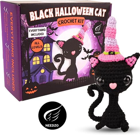 Needzo Halloween Crochet Kit, Black Witch Cat, Everything Included, Step-by-Step Video Tutorials, DIY Knitting Supplies in Saudi Arabia