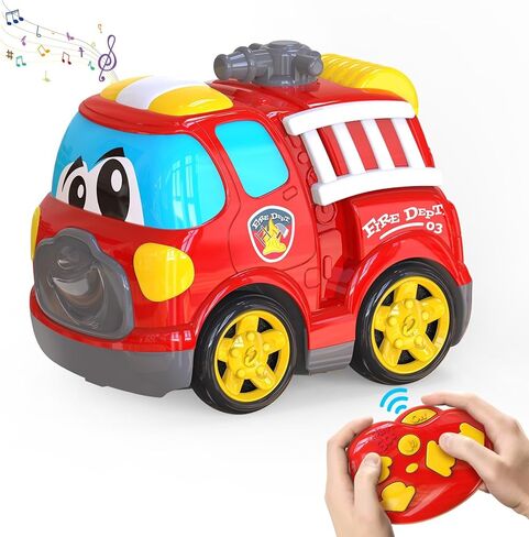 Remote Control Car, 2.4G Cartoon Emergency Vehicle, RC Fire Truck Engine Toys with Lights & Music, Birthday Gifts for Toddlers, Kids, Boys & Girls 1-5 Years Old (Red) in Kuwait