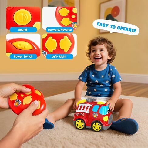 Remote Control Car, 2.4G Cartoon Emergency Vehicle, RC Fire Truck Engine Toys with Lights & Music, Birthday Gifts for Toddlers, Kids, Boys & Girls 1-5 Years Old (Red) in Kuwait