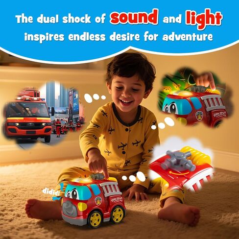 Remote Control Car, 2.4G Cartoon Emergency Vehicle, RC Fire Truck Engine Toys with Lights & Music, Birthday Gifts for Toddlers, Kids, Boys & Girls 1-5 Years Old (Red) in Kuwait