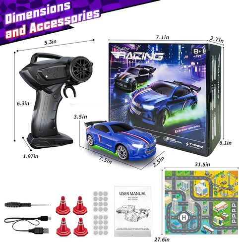 سيارة Mini RC Drift Car 1:64 ، سيارة التحكم عن بُعد مع مصابيح LED وأنماط سرعتين ، 2.4 جيجا هرتز تثير ألعاب RC مع 4 عقبات ومسار حصيرة ، هدية هواية للأطفال والكبار ، الأسود in Kuwait