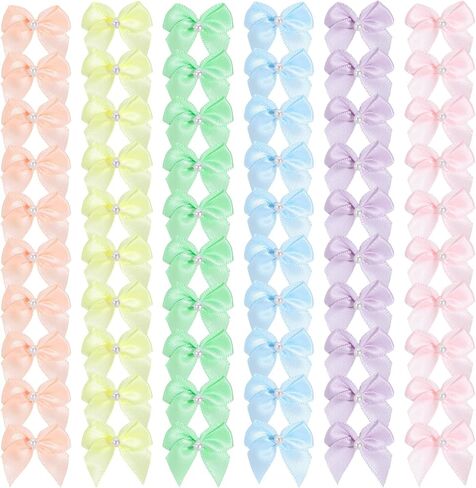 60pcs أقواس الشريط الباستيل 1 بوصة ساتان صغيرة ملونة من أقواس تويست مع القوس لؤلؤة لعلاج أكياس DIY Craft لخياطة HASTBOOKING هدية عيد الميلاد عيد الفصح （القوس الصغير） in Kuwait