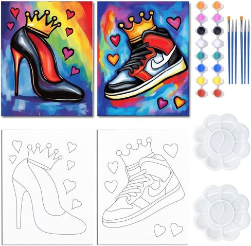 Webeedy 2 Packs Crown Shoes Sip and Paint Kit للبالغين الأزواج في ليلة ، قماشية مسبقة للطلاء في موازنة الحفلات الفنية المنزلية ، عيد الحب ديكور الزفاف ديكور المنزل ، 8x10 بوصة in Saudi Arabia