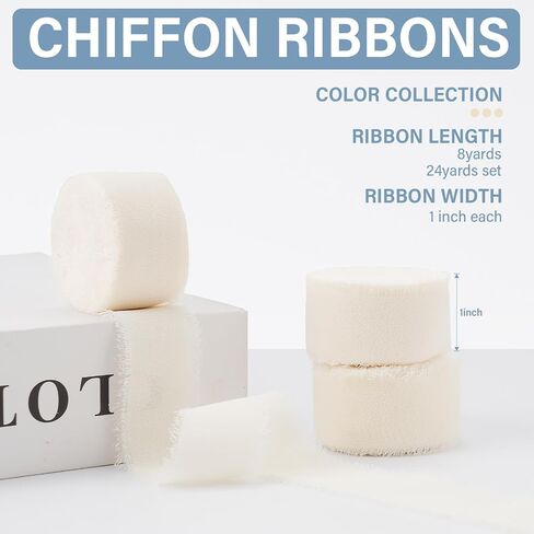 Rice White Chiffon Ribbon Set 1" x 24 Yards Handmade Cotton Frayed Fringe Fabric Ribbons for Crafts Flower Bouquets Wedding Baby Shower Home DIY Decor(3 Rolls*8 Yd) in Kuwait