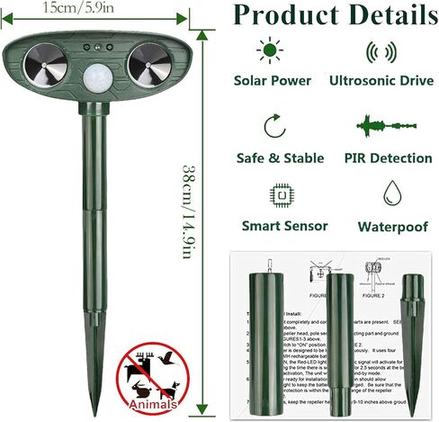 Ultrasonic Cat Deterrent,Solar Powered Deterrent with Motion Sensor and Flashing Lights Outdoor Solar Farm Garden Yard Device,Dogs,Cats,Birds in Kuwait