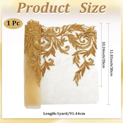 1 Yard Gold Embroidery Flower Patches Sew On Lace Fabric Shiny Sequin Floral Leaf Appliques Glass Beaded Tulle Vintage Cloth for Sewing Making Clothing Accessories Ornament Wedding Party Diy in Saudi Arabia