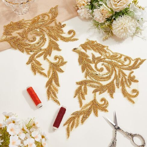1 Yard Gold Embroidery Flower Patches Sew On Lace Fabric Shiny Sequin Floral Leaf Appliques Glass Beaded Tulle Vintage Cloth for Sewing Making Clothing Accessories Ornament Wedding Party Diy in Saudi Arabia