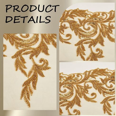 1 Yard Gold Embroidery Flower Patches Sew On Lace Fabric Shiny Sequin Floral Leaf Appliques Glass Beaded Tulle Vintage Cloth for Sewing Making Clothing Accessories Ornament Wedding Party Diy in Saudi Arabia