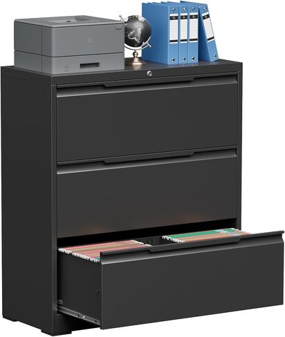 Lateral File Cabinet, 3 Drawer Lateral File Cabinet with Lock, Lockable Metal File Cabinet for Home Office, File Cabinet for Letter/Legal/F4/A4 Size (Black, 3 Drawer) in Saudi Arabia