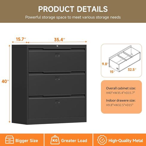 Lateral File Cabinet, 3 Drawer Lateral File Cabinet with Lock, Lockable Metal File Cabinet for Home Office, File Cabinet for Letter/Legal/F4/A4 Size (Black, 3 Drawer) in Saudi Arabia