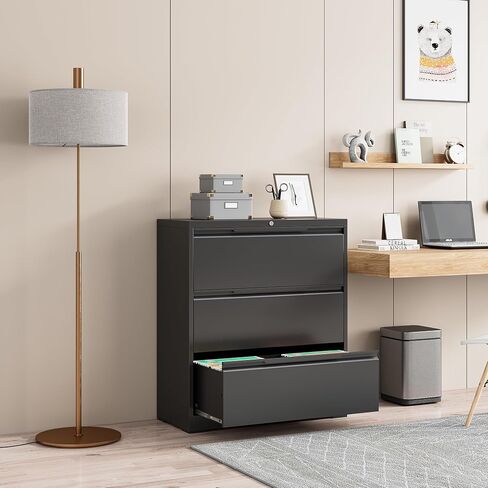 Lateral File Cabinet, 3 Drawer Lateral File Cabinet with Lock, Lockable Metal File Cabinet for Home Office, File Cabinet for Letter/Legal/F4/A4 Size (Black, 3 Drawer) in Saudi Arabia