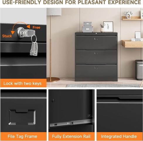 Lateral File Cabinet, 3 Drawer Lateral File Cabinet with Lock, Lockable Metal File Cabinet for Home Office, File Cabinet for Letter/Legal/F4/A4 Size (Black, 3 Drawer) in Saudi Arabia