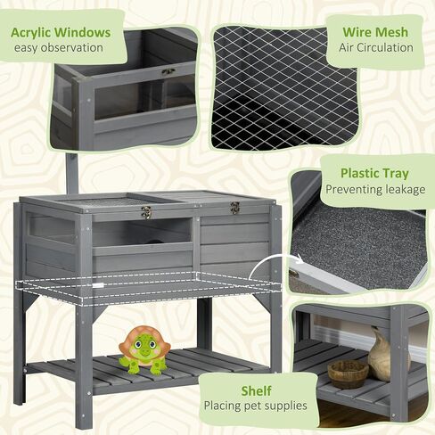 PawHut Tortoise Habitat with Shelf Storage, Tortoise Enclosure with Weather Protection, Reptile Enclosure with Tray, Light Support Frame, Light Gray in Saudi Arabia