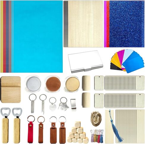 YoSpciaNe Laser Engraving Material Kit, 143 Pcs Engraving Supplies, 18 Kinds of Laser Blanks Including Wood, Paper, Acrylic, Metal, PU Leather in Saudi Arabia
