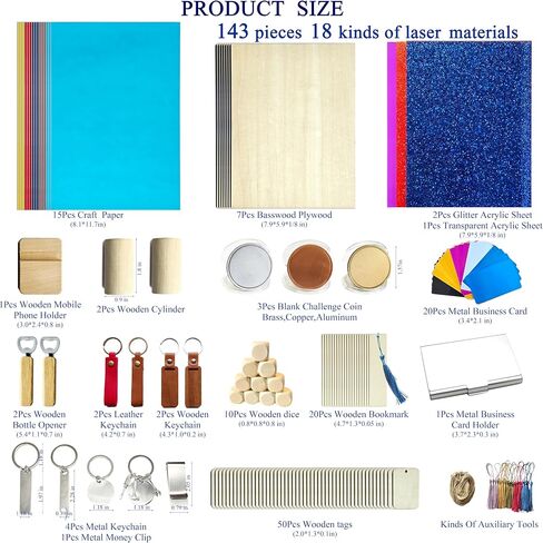 YoSpciaNe Laser Engraving Material Kit, 143 Pcs Engraving Supplies, 18 Kinds of Laser Blanks Including Wood, Paper, Acrylic, Metal, PU Leather in Saudi Arabia