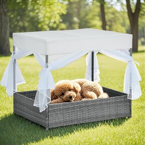 Wicker Dog House Outdoor Indoor with Canopy, Elevated Dog Shelter & Dog Bed with Light Gray Cushion, Water-Resistant Raised Pet House for Small Medium Dogs, Rattan Dog Cot for Deck, Patio, Yard, Pool in Saudi Arabia
