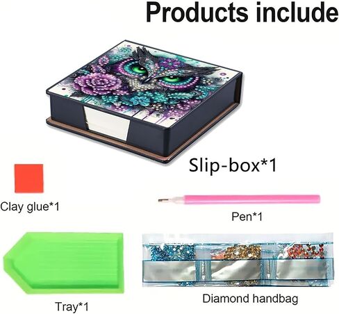 Memo Paper Storage Box Diamond Art Painting Leather 4.2x4.2 in Sticky Note Holder for Organizer Notepad Holder with 160 Sticky Notes Office Supplies Desk Accessories-Owl in Kuwait