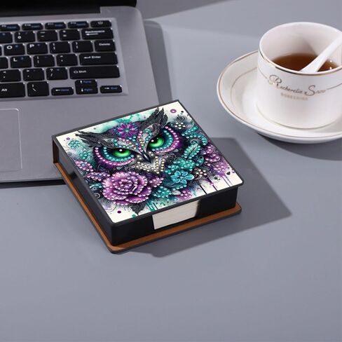 Memo Paper Storage Box Diamond Art Painting Leather 4.2x4.2 in Sticky Note Holder for Organizer Notepad Holder with 160 Sticky Notes Office Supplies Desk Accessories-Owl in Kuwait
