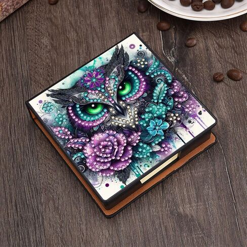 Memo Paper Storage Box Diamond Art Painting Leather 4.2x4.2 in Sticky Note Holder for Organizer Notepad Holder with 160 Sticky Notes Office Supplies Desk Accessories-Owl in Kuwait