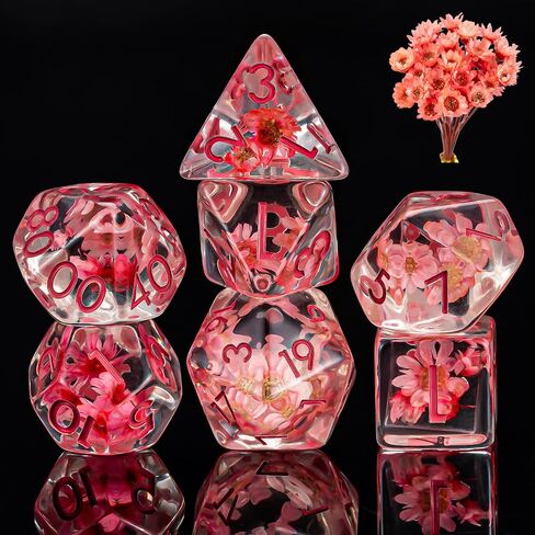 Flower Resin D&D Dice Set, 7pcs Polyhedral Dice for Dungeons and Dragons, RPG, MTG, Role Playing Games (D4, D6, D8, D10, D12, D20, D%) in Saudi Arabia