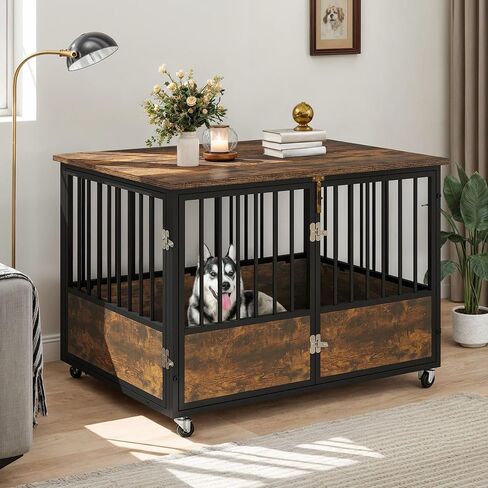 DWVO Dog Dog Crate Furniture with Wheels ، 43 inch Dog Beterature Furniture end Crate للكلاب ، المزرعة الزخرفية الكلب القفص الطاولة مع الأبواب المزدوجة ، مقاومة للمضغ ، ريفي بني in Saudi Arabia