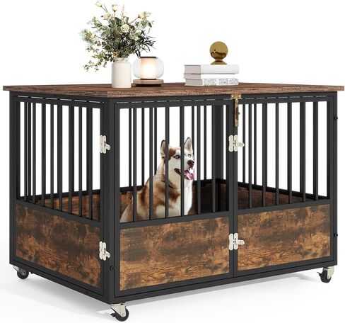 DWVO Dog Dog Crate Furniture with Wheels ، 43 inch Dog Beterature Furniture end Crate للكلاب ، المزرعة الزخرفية الكلب القفص الطاولة مع الأبواب المزدوجة ، مقاومة للمضغ ، ريفي بني in Saudi Arabia