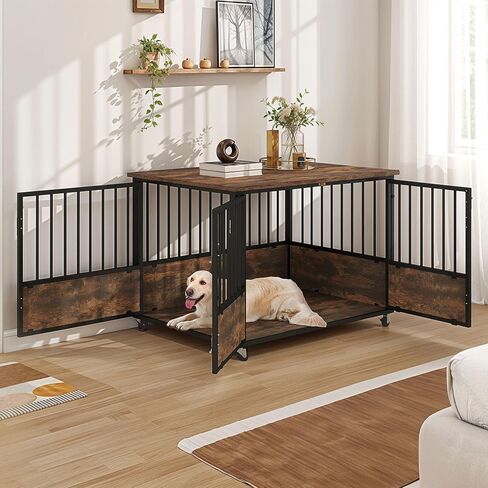 DWVO Dog Dog Crate Furniture with Wheels ، 43 inch Dog Beterature Furniture end Crate للكلاب ، المزرعة الزخرفية الكلب القفص الطاولة مع الأبواب المزدوجة ، مقاومة للمضغ ، ريفي بني in Saudi Arabia