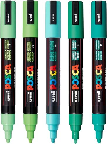 علامات فن الطلاء Posca ، مجموعة من 5 5 أمتار متوسطة مع نصائح عكسية ، مجموعة خضراء in Saudi Arabia
