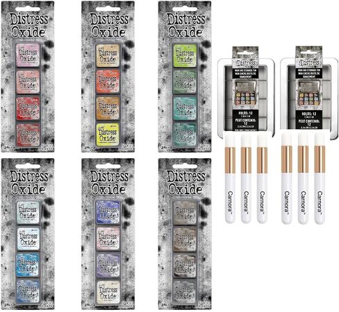 Tim Holtz Ranger Mini Distress Oxide Ink Cube Pads, Kits 7-12, 24 Colors, 2 Organizer Tins for All 24 Inks, 6 Carnora Blending Brushes in Saudi Arabia