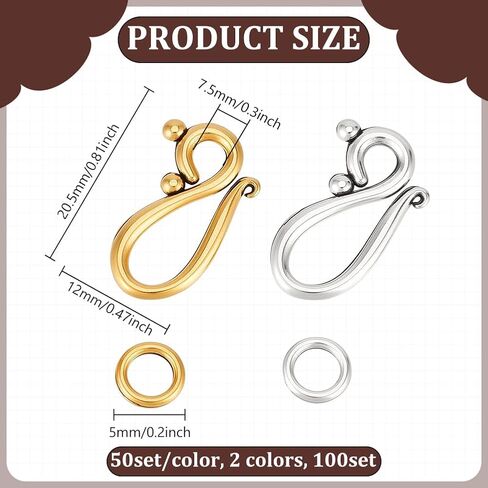 PH PandaHall 100 Sets 2 Colors S Hook Ring Clasps Tibetan S Hook Eye Clasp Metal Toggle Clasps Jewelry Connectors for Jewelry Making Necklace Bracelet DIY Crafts, Antique Golden/Antique Silver in Saudi Arabia