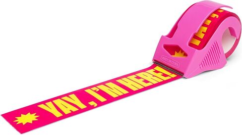 شريط التعبئة المزخرف مع موزع وردي - ياي أنا هنا! Pink & Yellow ، 1.88 "× 22.2 ياردة - شريط شحن مطبوع لطيف للهدايا وأساسيات الأعمال الصغيرة والمراسلين in Kuwait