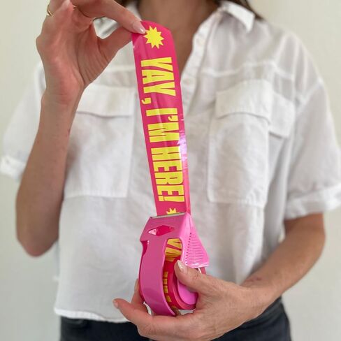 شريط التعبئة المزخرف مع موزع وردي - ياي أنا هنا! Pink & Yellow ، 1.88 "× 22.2 ياردة - شريط شحن مطبوع لطيف للهدايا وأساسيات الأعمال الصغيرة والمراسلين in Kuwait
