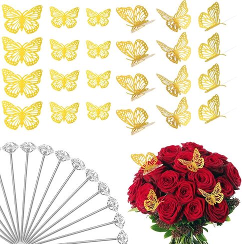 148Pcs Flower Bouquet Accessories Set, 48Pcs 3D Gold Butterfly Wall Decor & 100Pcs Diamond Corsages Pins for Wedding Birthday Party Valentine's Day in Saudi Arabia
