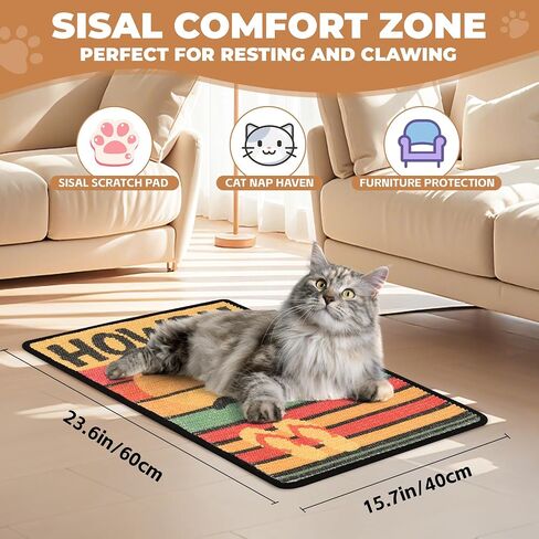 SISAL CAT SCRATCHER MAT ، CAT WALL SCRARKER للقطط الداخلية ، وسادة خدش CAT 23.6x15.7 بوصة مع خطاف وحلقة ، منشور خدش القط المثبتة على الحائط لحماية الأريكة والسجاد （الشاطئ） in Kuwait
