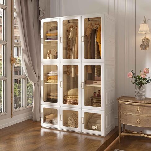 ANTBOX منظم تخزين خزانة الملابس المحمول، مناسب لغرفة المعيشة وغرفة النوم وخزانة الملابس البلاستيكية مع باب شفاف مغناطيسي وسهل التجميع 8 مكعبات و2 قضيب تعليق in Kuwait