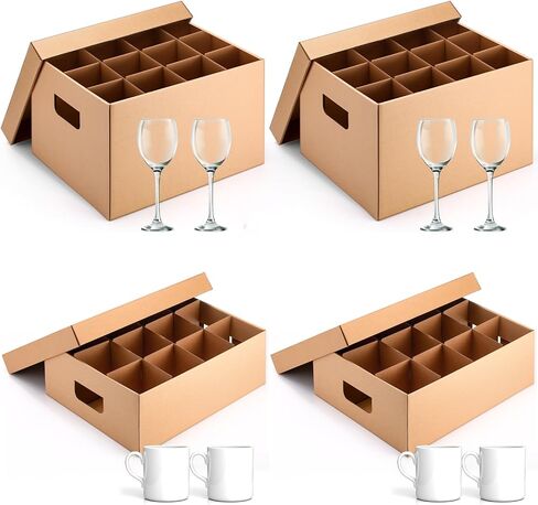 4 Pack Wine Glass Mug Moving Boxes with Divider Kits Included 15 x 12 x 10 Inch 2 Wine Glass and 17 x 13 x 6 Inch 2 Mug Kitchen Moving Boxes with Handle Packing Box for Dish Glassware in Saudi Arabia