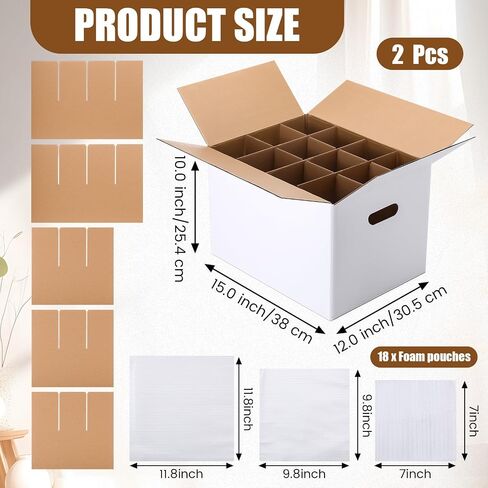 2 Sets Wine Glass Moving Boxes with Divider Kits Kitchen Moving Boxes 15 x 12 x 10 Inches Glassware Packing Box with 18 Foam Pouches for Glasses Packing Supplies in Saudi Arabia