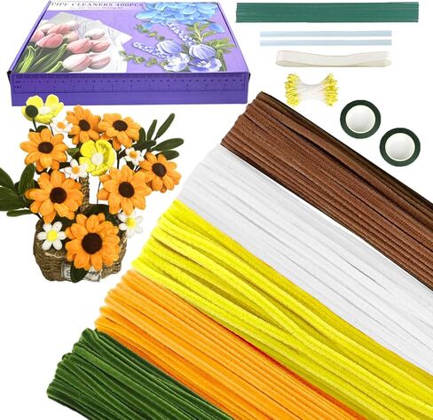 Pipe Cleaners Flower Craft Kit,Chenille Stems Craft DIY Bouquet Making Set with Floral Wires, Gardening Tape, Stamens & Ribbon for Home Decor-Holiday Decorations,Gifts - 400 Pcs (Pink) in Saudi Arabia