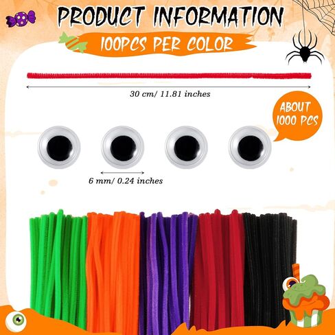 1500 Pcs Halloween Pipe Cleaners Kit with 500 Pipe Cleaner Craft 1000 Wiggle Eyes for Crafts Arts Creative DIY Projects, 5 Fuzzy Colored Chenille Stem Sticks Set for Halloween Holiday Decor in Kuwait