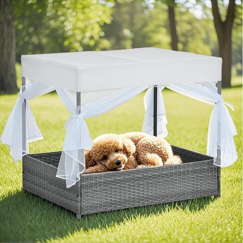 Wicker Dog House في الهواء الطلق داخليًا مع المظلة ، ومأوى للكلاب مرتفعة وسرير الكلب مع وسادة رمادية فاتحة ، منزل أليف مقاوم للماء للكلاب الصغيرة المتوسطة ، كول راتان للسطح ، الفناء ، الفناء ، حمام السباحة in Saudi Arabia