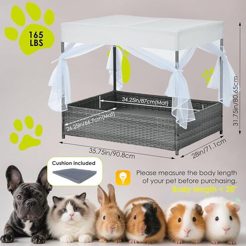 Wicker Dog House في الهواء الطلق داخليًا مع المظلة ، ومأوى للكلاب مرتفعة وسرير الكلب مع وسادة رمادية فاتحة ، منزل أليف مقاوم للماء للكلاب الصغيرة المتوسطة ، كول راتان للسطح ، الفناء ، الفناء ، حمام السباحة in Saudi Arabia
