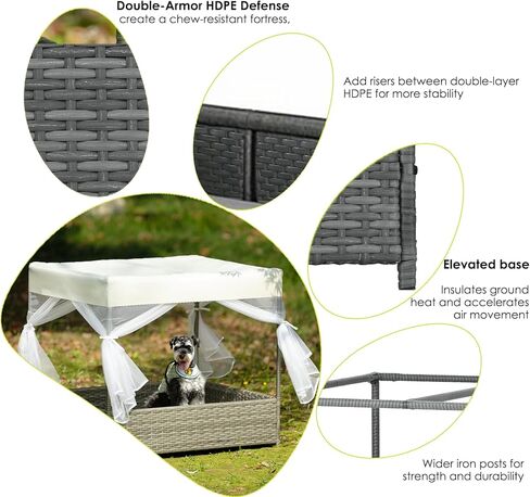 Wicker Dog House في الهواء الطلق داخليًا مع المظلة ، ومأوى للكلاب مرتفعة وسرير الكلب مع وسادة رمادية فاتحة ، منزل أليف مقاوم للماء للكلاب الصغيرة المتوسطة ، كول راتان للسطح ، الفناء ، الفناء ، حمام السباحة in Saudi Arabia