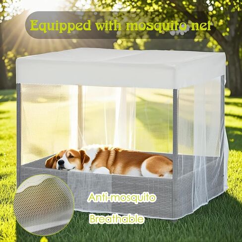 Wicker Dog House في الهواء الطلق داخليًا مع المظلة ، ومأوى للكلاب مرتفعة وسرير الكلب مع وسادة رمادية فاتحة ، منزل أليف مقاوم للماء للكلاب الصغيرة المتوسطة ، كول راتان للسطح ، الفناء ، الفناء ، حمام السباحة in Saudi Arabia