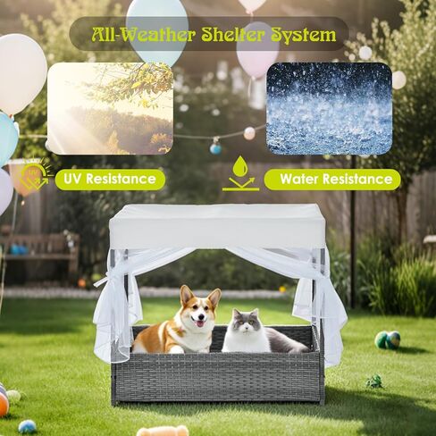 Wicker Dog House في الهواء الطلق داخليًا مع المظلة ، ومأوى للكلاب مرتفعة وسرير الكلب مع وسادة رمادية فاتحة ، منزل أليف مقاوم للماء للكلاب الصغيرة المتوسطة ، كول راتان للسطح ، الفناء ، الفناء ، حمام السباحة in Saudi Arabia