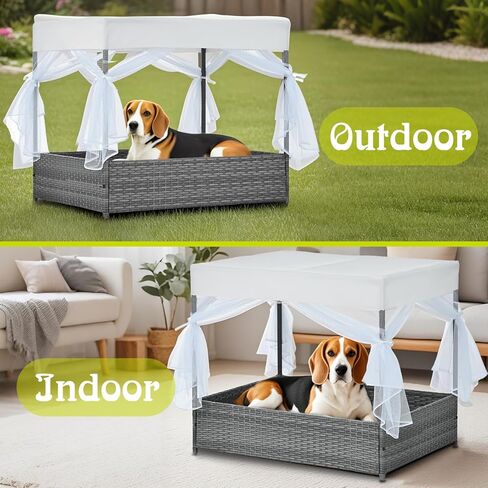 Wicker Dog House في الهواء الطلق داخليًا مع المظلة ، ومأوى للكلاب مرتفعة وسرير الكلب مع وسادة رمادية فاتحة ، منزل أليف مقاوم للماء للكلاب الصغيرة المتوسطة ، كول راتان للسطح ، الفناء ، الفناء ، حمام السباحة in Saudi Arabia