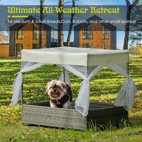 Wicker Dog House في الهواء الطلق داخليًا مع المظلة ، ومأوى للكلاب مرتفعة وسرير الكلب مع وسادة رمادية فاتحة ، منزل أليف مقاوم للماء للكلاب الصغيرة المتوسطة ، كول راتان للسطح ، الفناء ، الفناء ، حمام السباحة in Saudi Arabia