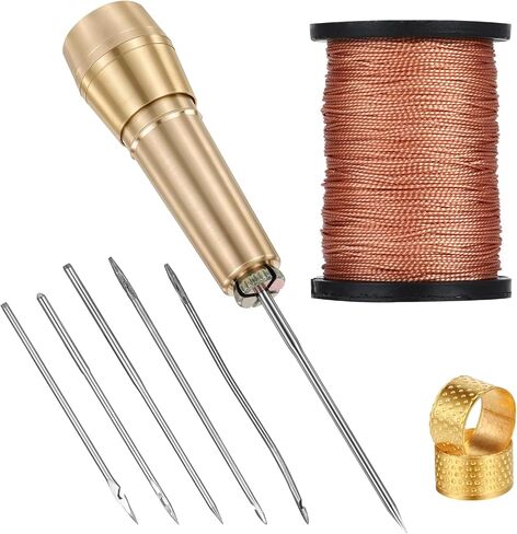 9pcs Canvas Leather Sewing Awl Needle with Copper Handle 45m Nylon Waxed Thread Cord with Thimble Assortment Kit Leather Sewing Tools for Canvas Shoe and Repair in Saudi Arabia